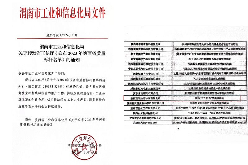 喜報(bào)！富平公司榮獲陜西省質(zhì)量標(biāo)桿榮譽(yù)