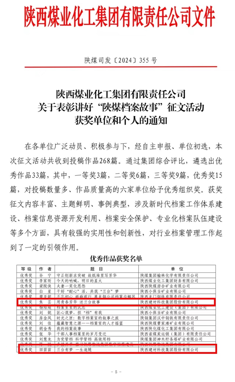 喜報！陜西建材科技檔案故事獲獎了